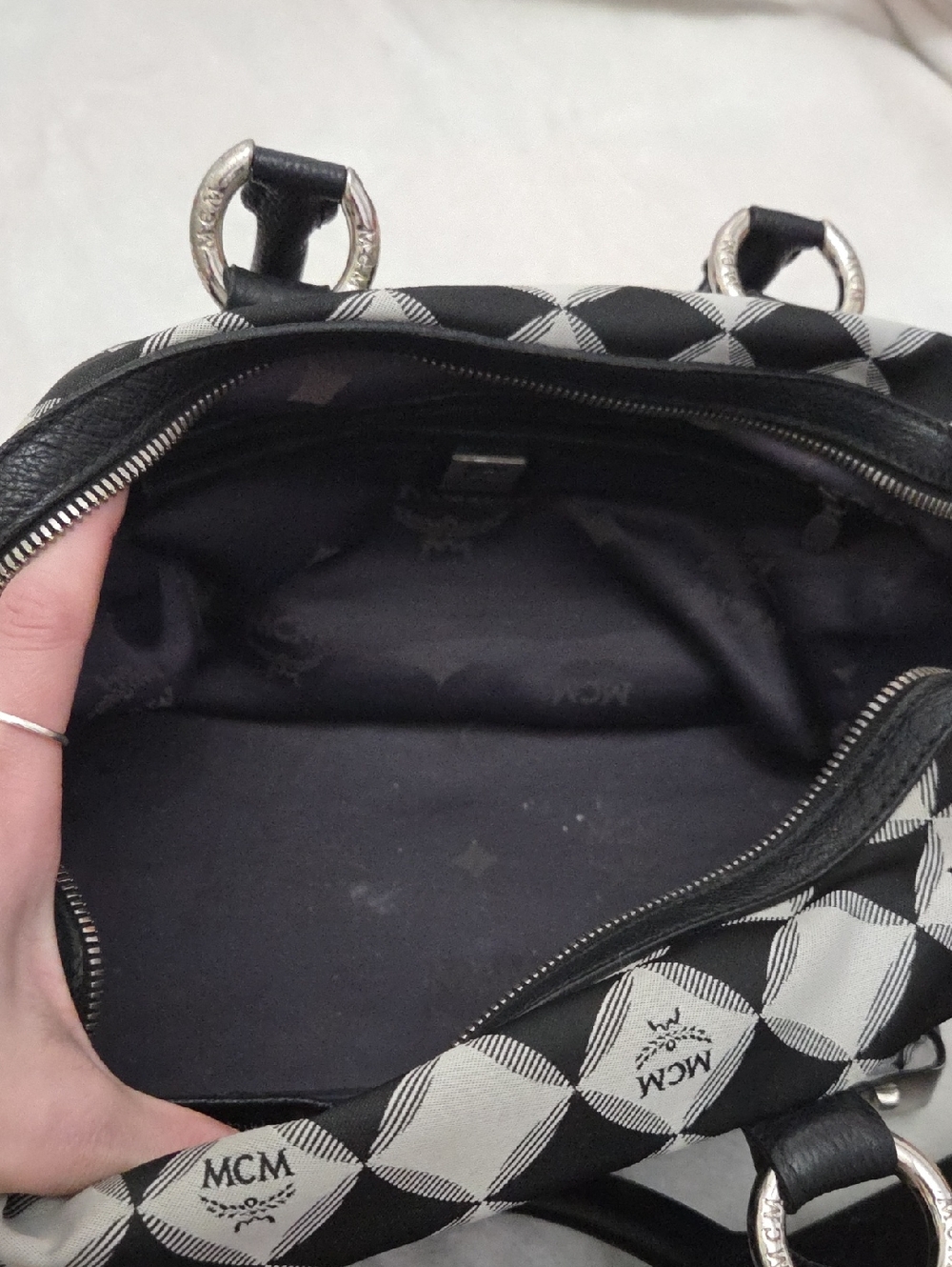 MCM Black and White Checkered Logo Satchel - Picture 12 of 14